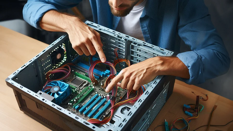 person checking the motherboard of a desktop computer