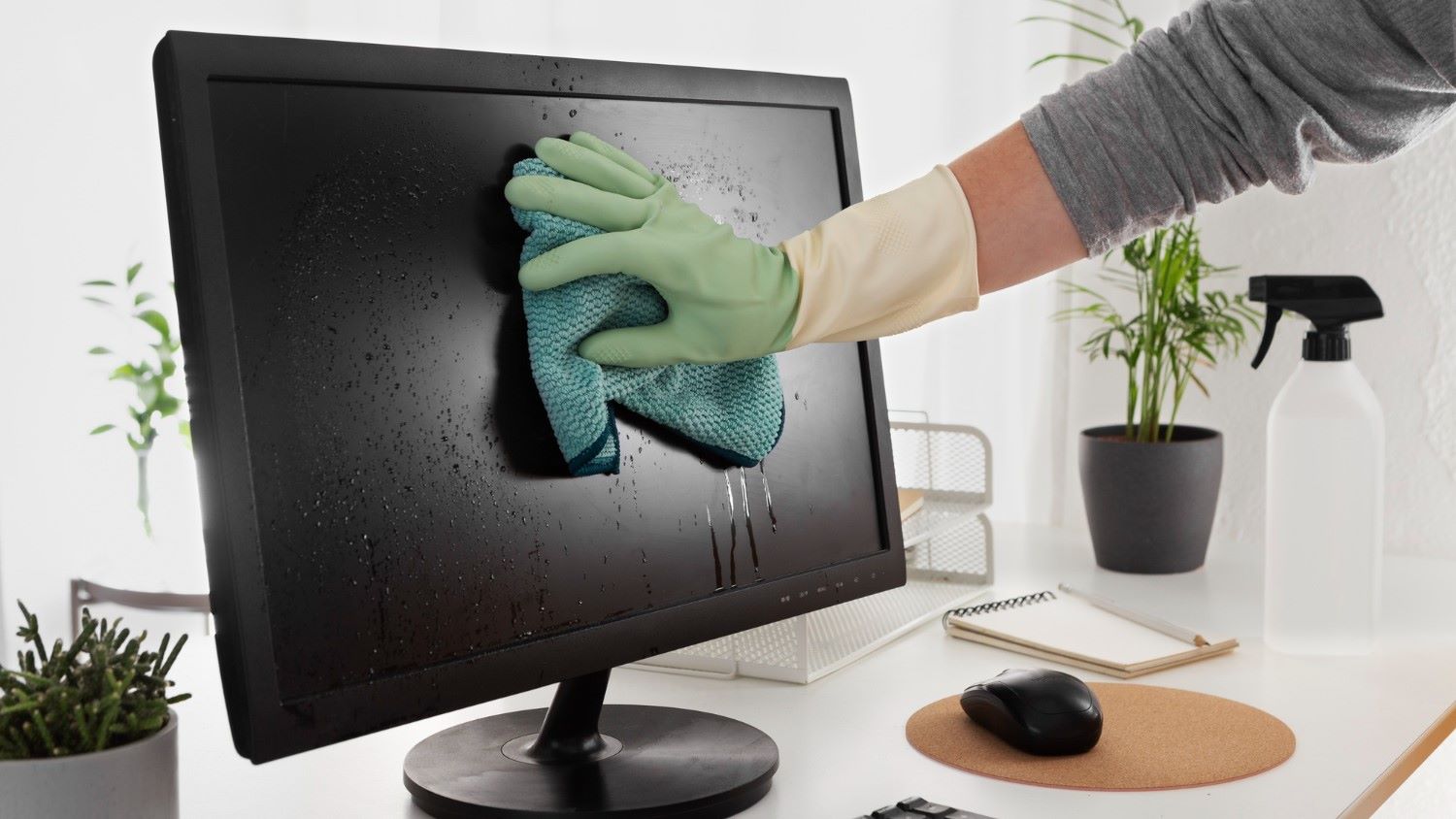 cleaning a computer monitor which is on the desk